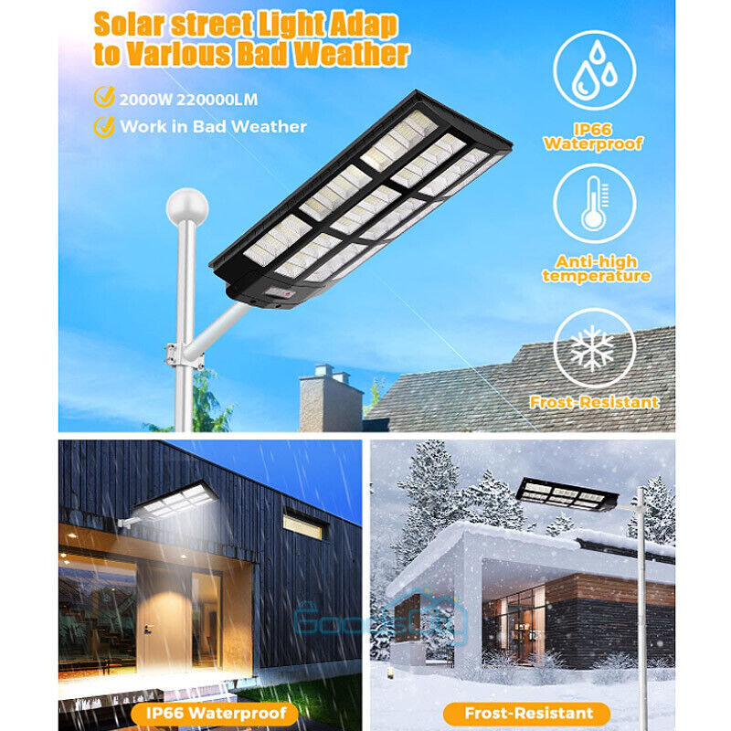 ny 2000W kommerciel Solar Street Flood Light Udendørs Dusk to Dawn vejlampe + stang