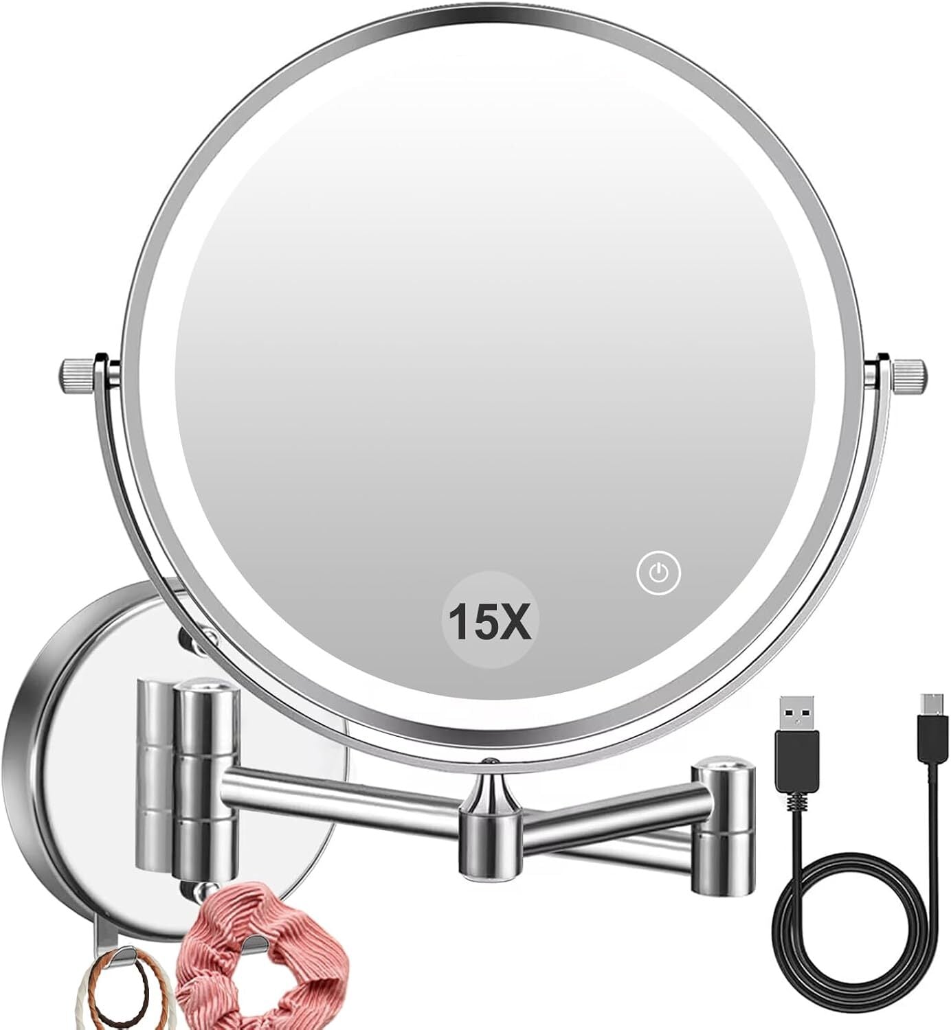 new 1X/15X Wall Mounted Makeup Mirror with Hook, USB Rechargeable LED 3 Silver 07FC0E-D4 - KOEEK