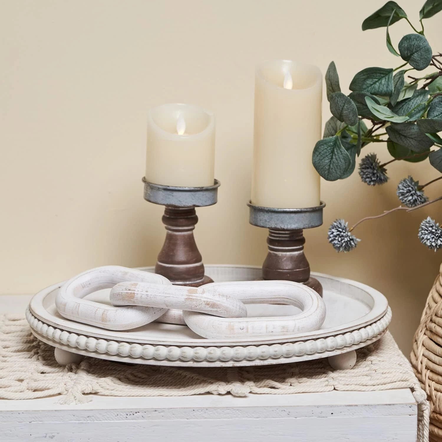 12in Round Wood Beaded Tray -White, Distressed,Farmhouse Rustic -Decorative Tray 07FC0E-D4 - KOEEK