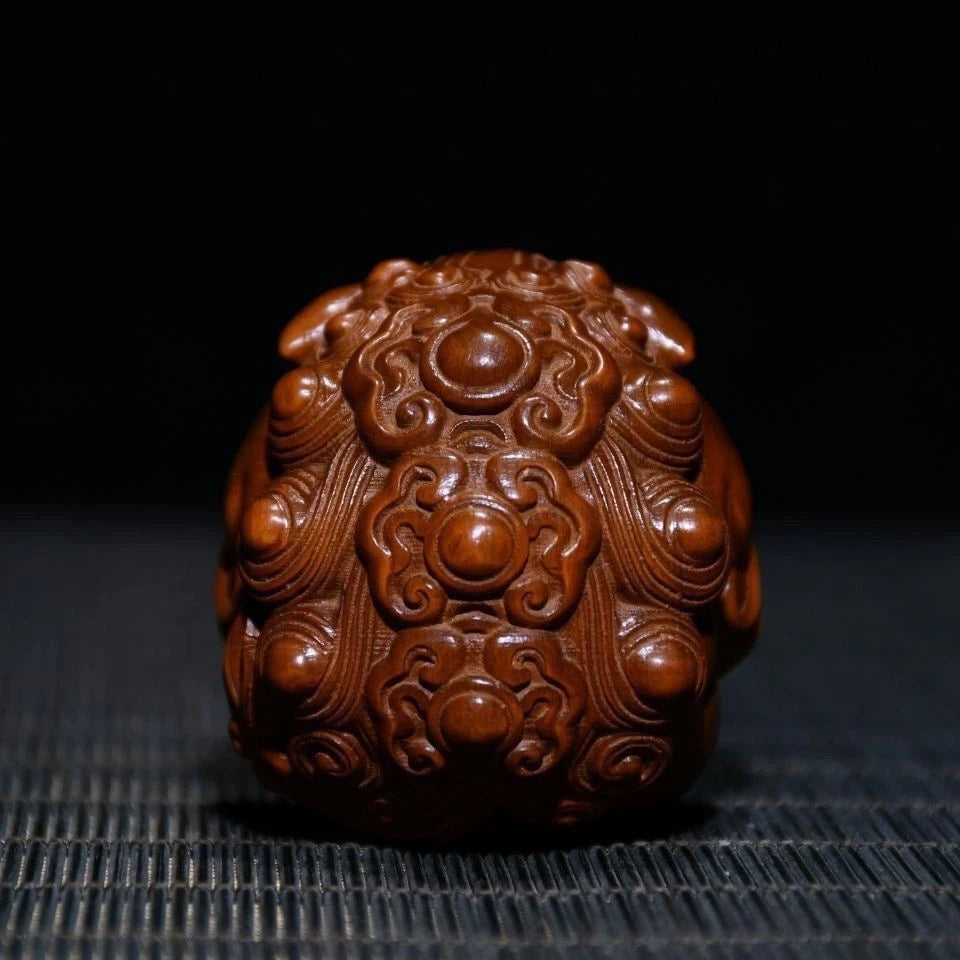 Boxwood Wood Carved Pixiu Holding Ball 6cm Handheld Worry Piece Car Pendant 07FC0E-D4 - KOEEK