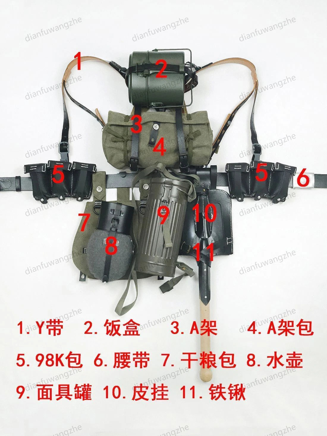 Replica MP40 Canvas Tactical Equipment 98K Straps Bottle Gas Mask Can 11pcs Set 07FC0E-D4 - KOEEK
