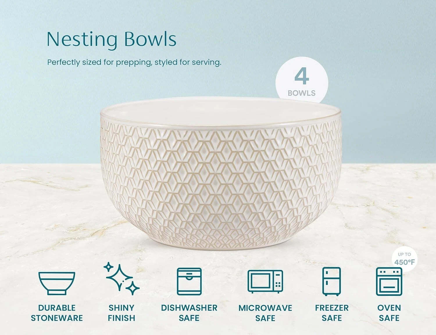 Ceramic Mixing Bowls, Set of 4, Embossed Kitchen Bowls, Prep,Serve, Gift (Ivory) 07FC0E-D4 - KOEEK