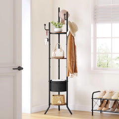 Coat Rack Freestanding,Round Coat Rack with 3 Wooden Shelves and 1 Fabric Basket