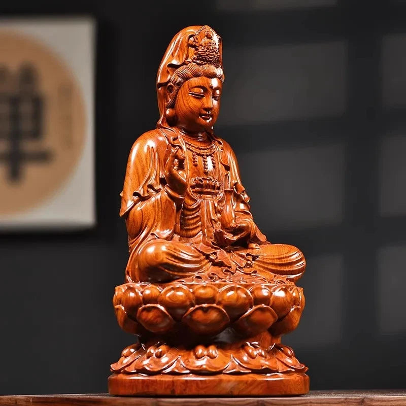15cm Wood Handcarved Lotus Guanyin Buddha Statue Home Feng Shui Decoration 07FC0E-D4 - KOEEK