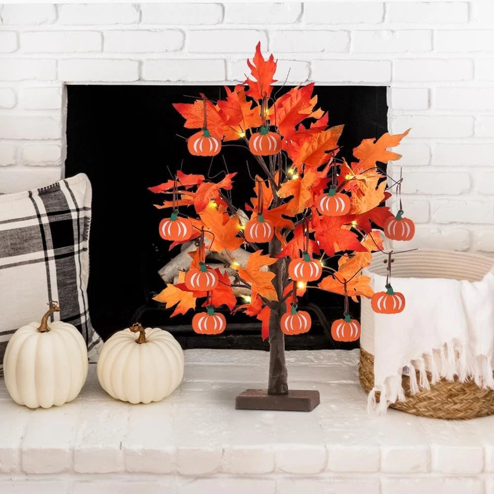 24”2FT Lighted Maple Leaves Tree with 24 LEDs & 12 Wood Pumpkin Ornaments 07FC0E-D4 - KOEEK