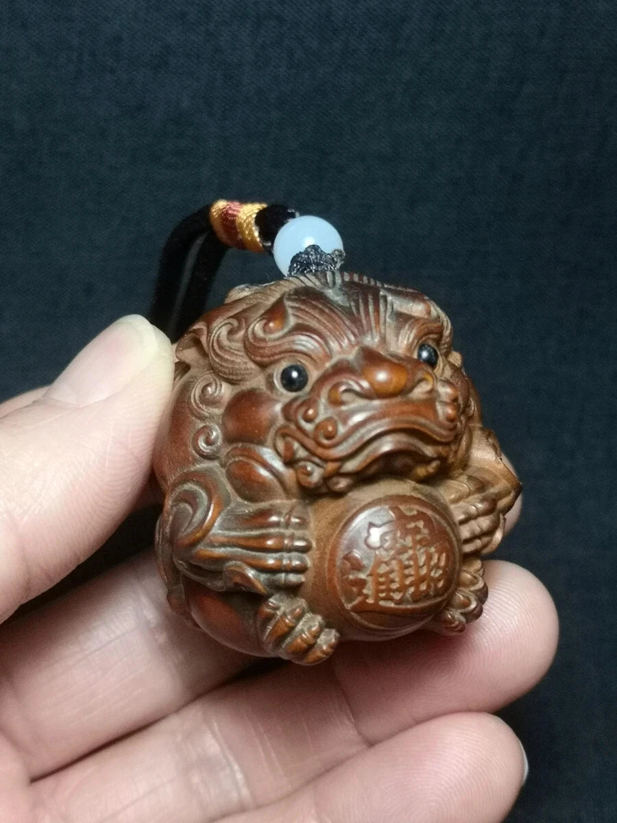 1919 Collectable Japanese Boxwood Hand Carved Lion Figure Statue Netsuke Gift 07FC0E-D4 - KOEEK
