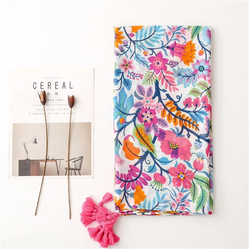 Womens Garden Floral Shawl Tassel Colorful Beach Vacation Pashmina Wrap Scarf 07FC0E-D4 - KOEEK