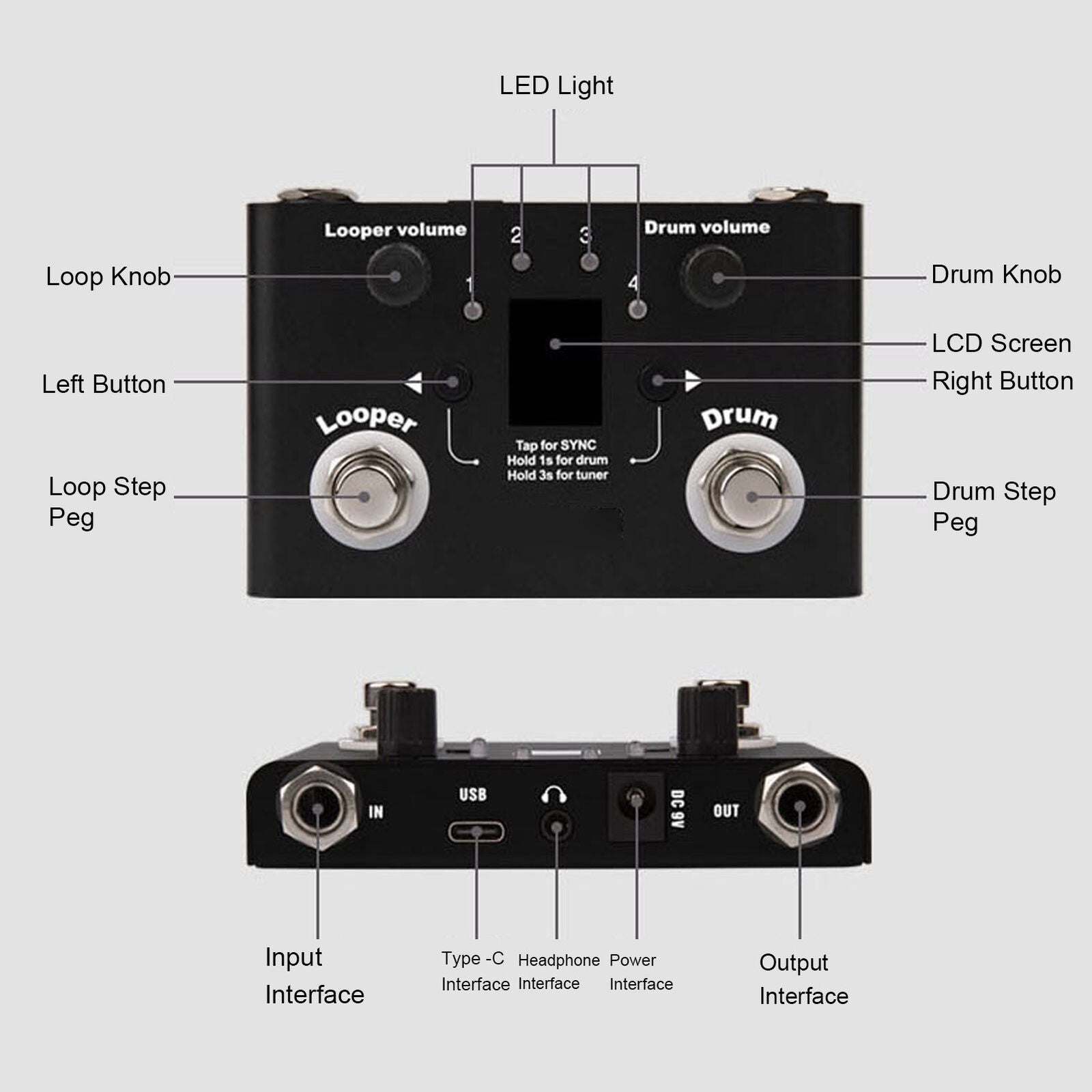 ny Drum Looper Pedal 4 Lagringssted 11 minutter Opptakstid Pedal Tuner