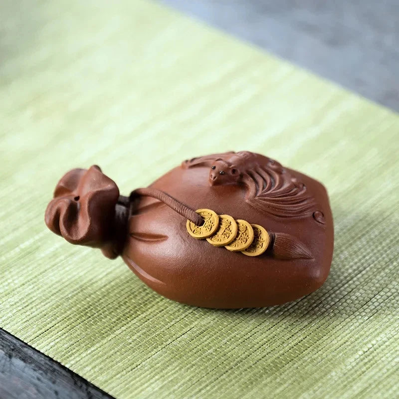 10cm Chinese Yixing Purple Clay Handmade Bat Money Bag Tea Pet Fengshui Ornament 07FC0E-D4 - KOEEK