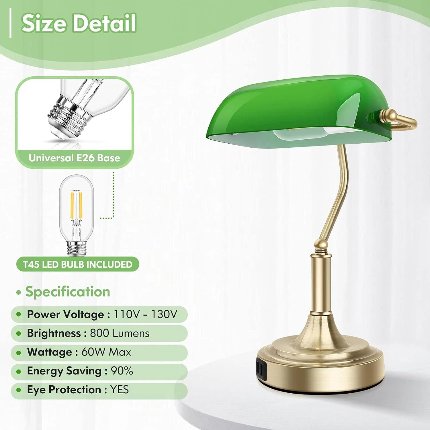 Banker's Desk Lamp with 2 USB Ports, 3-Way Dimmable Vintage Desk Lamp 07FC0E-D4 - KOEEK