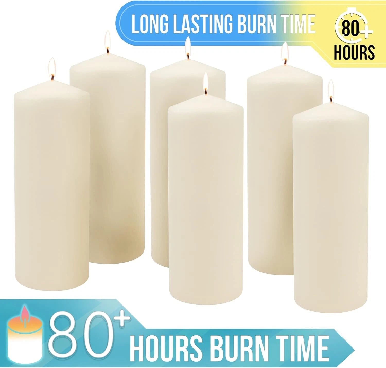 80 Hour Long Burn Unscented Pillar Candle, 3x8, Ivory, Pack of 6 07FC0E-D4 - KOEEK