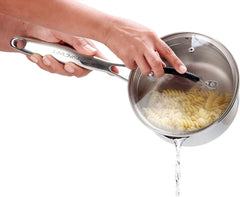 Stainless steel sauce pan with glass strainer lid and two side spouts