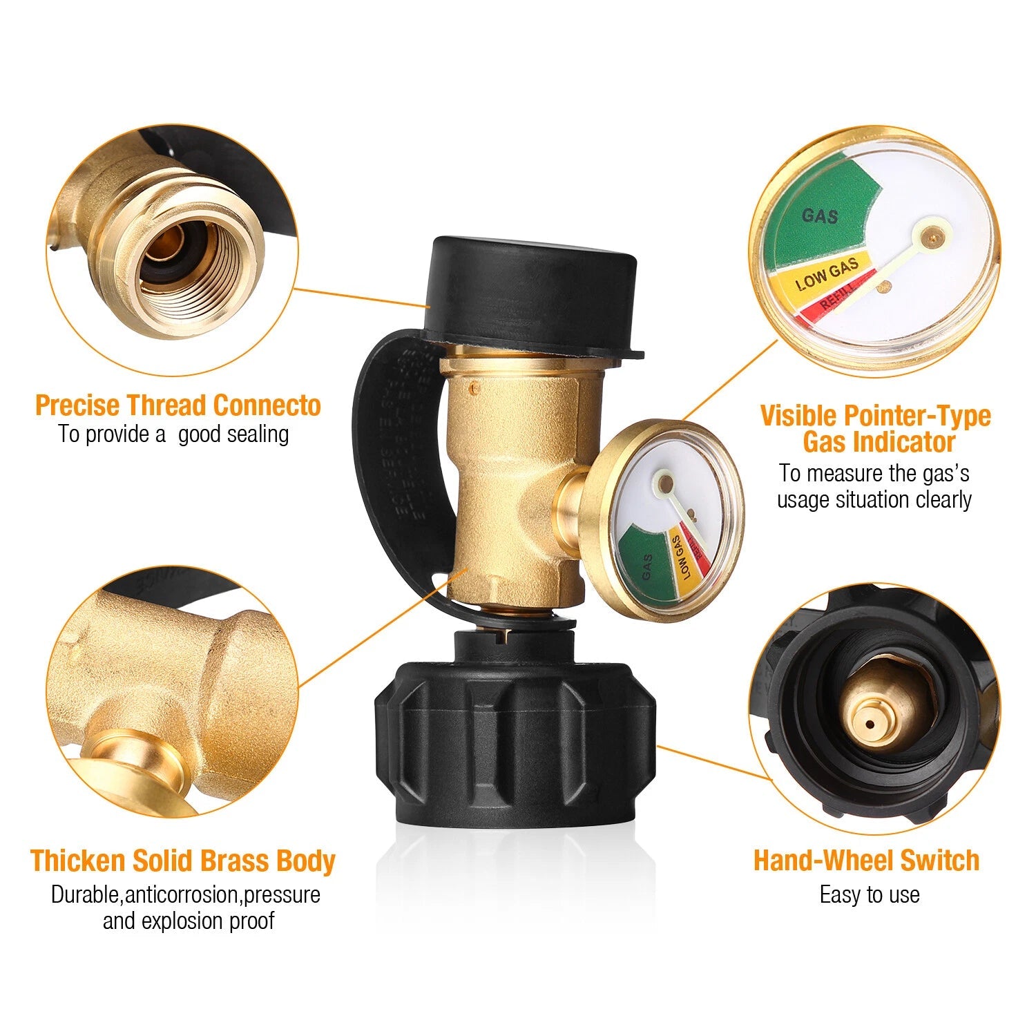 Propane Tank Gauge Brass Adapter RV Pressure Gas Level Meter BBQ Indicator 07FC0E-D4 - KOEEK