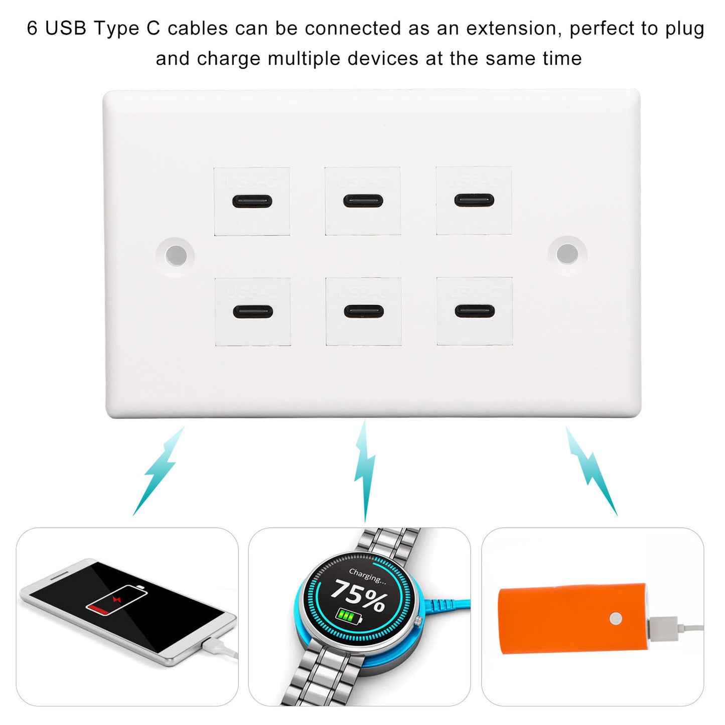 new 6 Port USB Type C Outlet Plug White USB Wall Plate With 6 Port USB C Socket koeek - KOEEK