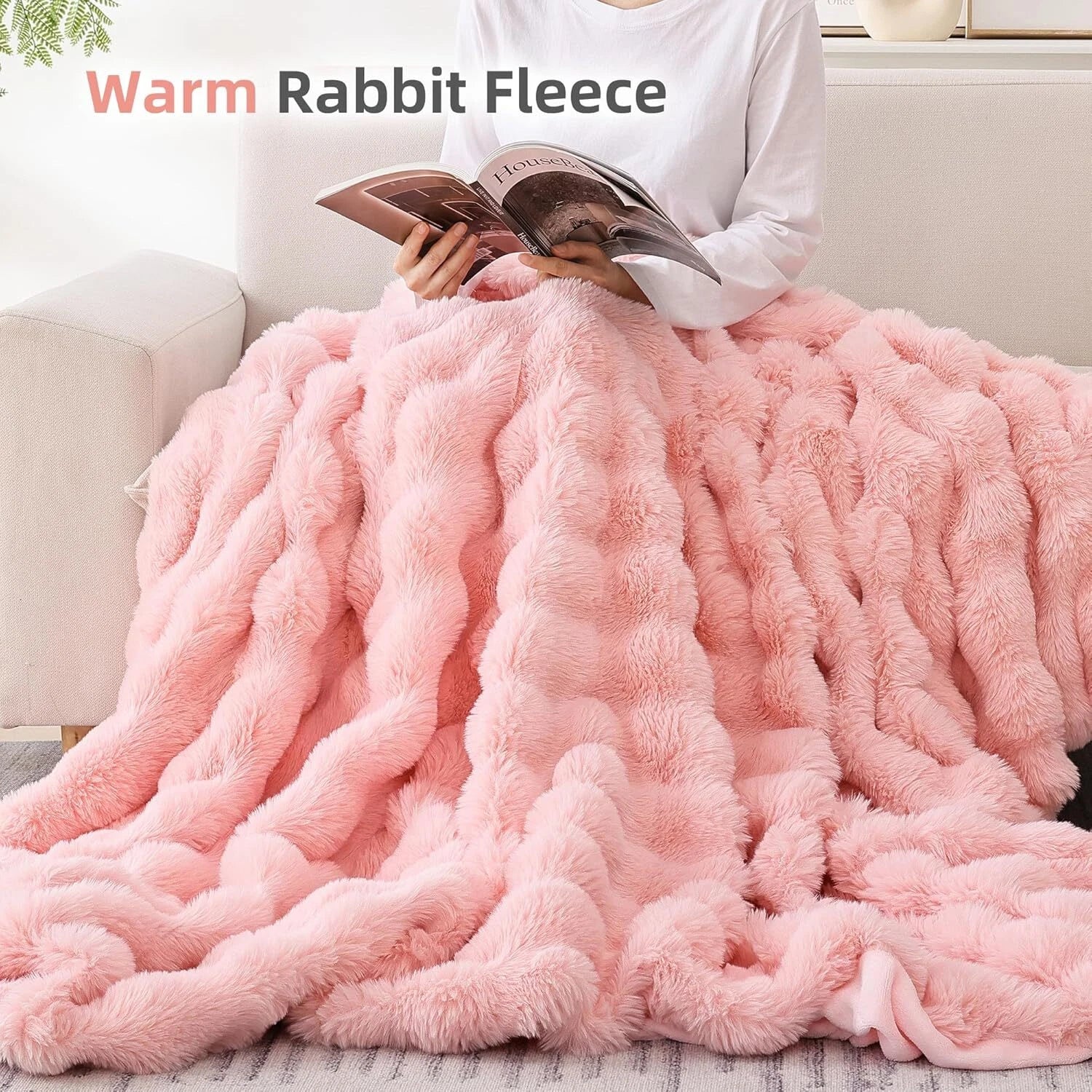 Fur Throw Blanket for Couch – Blush Pink Fluffy Cozy Rabbit Fleece, Plush Soft 07FC0E-D4 - KOEEK