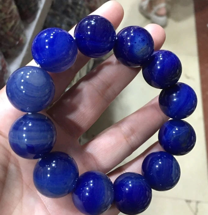 Blue Amber Bead Bracelet 20mm Round Unisex Jewelry Hand String Vintage Gift 07FC0E-D4 - KOEEK