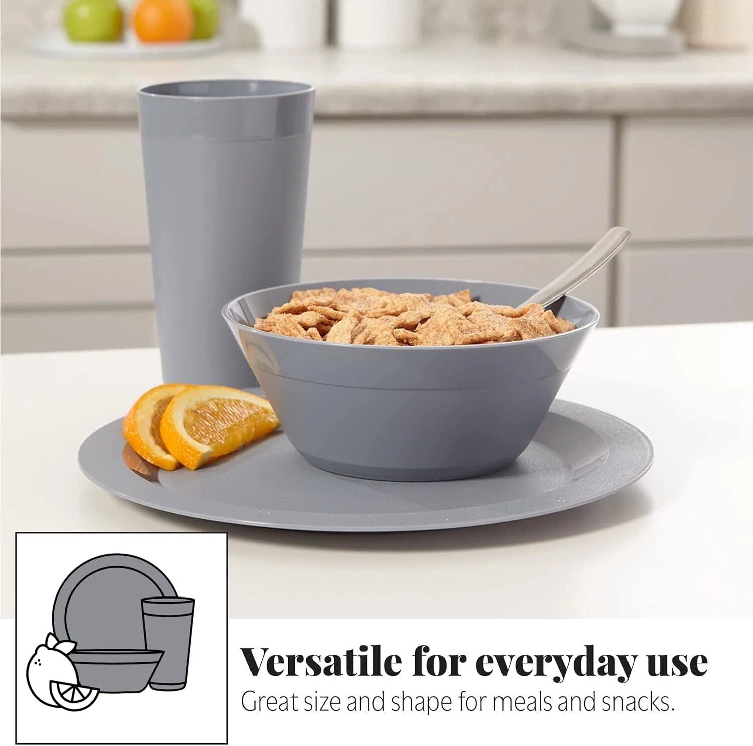 port Plastic Plate,Bowl and Tumbler Dinnerware Set for 4 in Grey Stone|12-Pic 07FC0E-D4 - KOEEK
