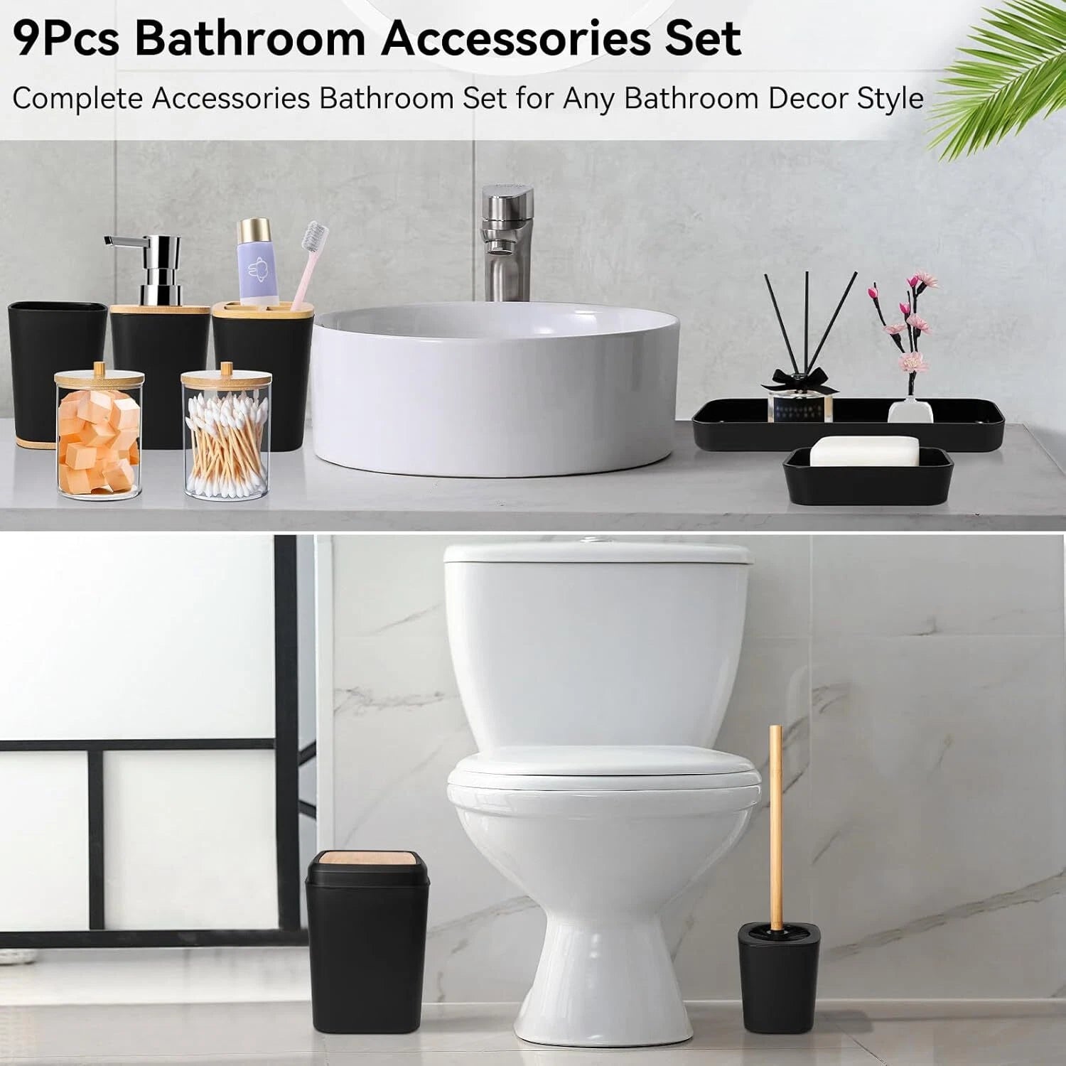 Bathroom Accessory Set, 9 Piece Black Bathroom Accessory Bathroom Decoration 07FC0E-D4 - KOEEK
