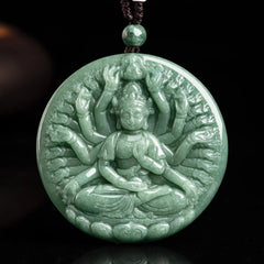 Guanyin Buddha Round Pendant Natural Grade A Jade Jadeite Green Thousand-handed 07FC0E-D4 - KOEEK
