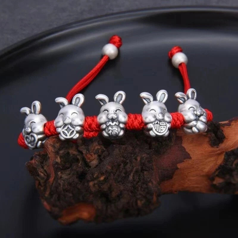 Pure S925 Sterling Silver Bracelet luck Carved Five Rabbits Bracelet AAA 07FC0E-D4 - KOEEK