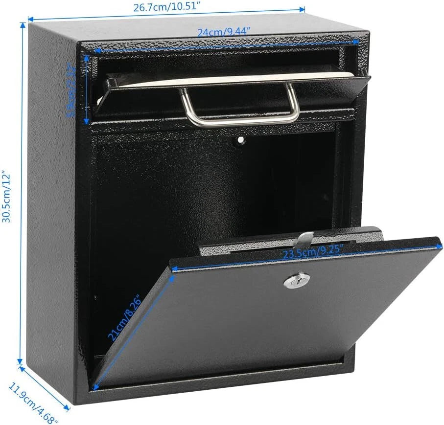 Steel Key Lock Outdoor Mailbox, Locking Wall Mounted Mailbox, Large Black 07FC0E-D4 - KOEEK