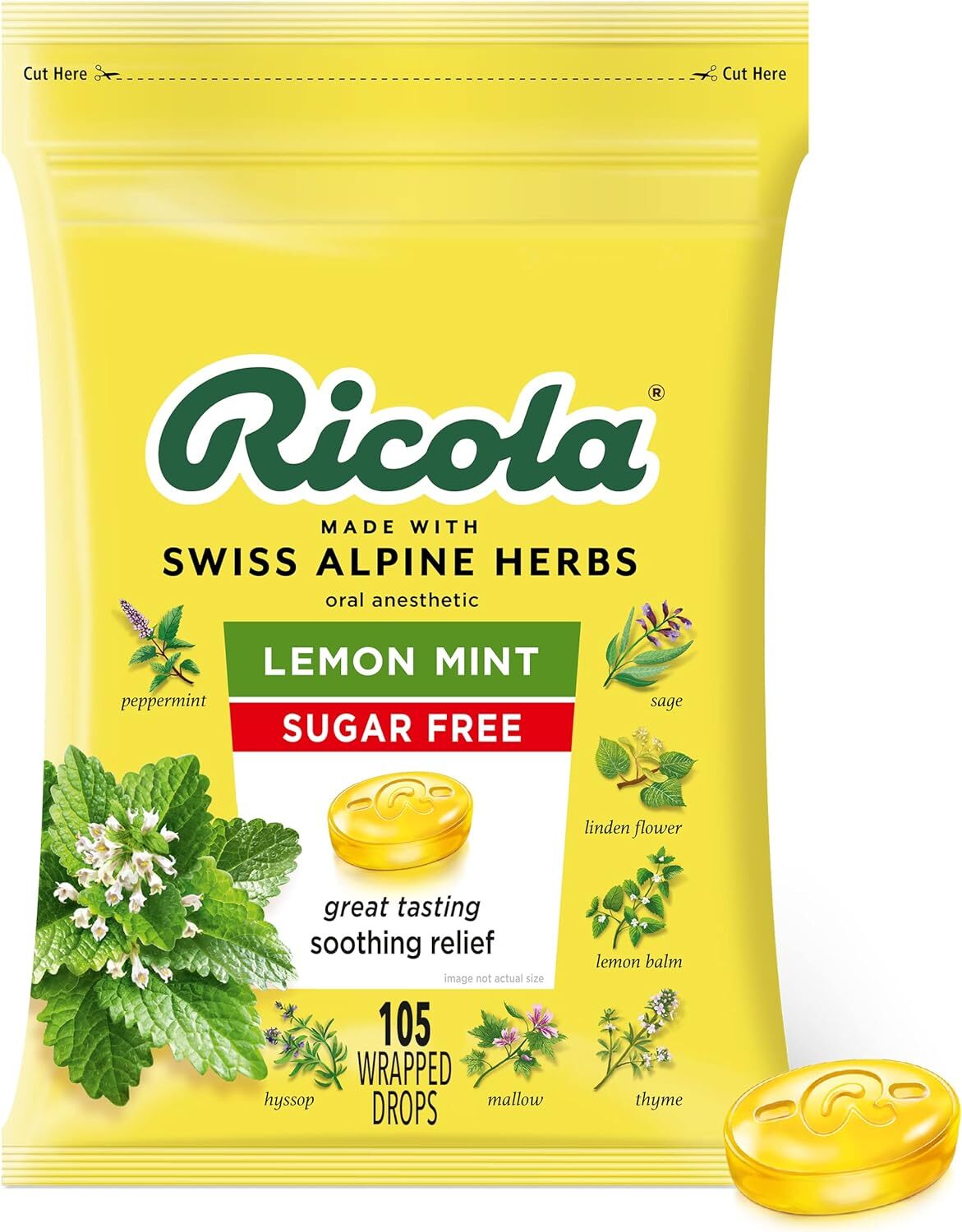 new Ricola Sugar Lemon Mint Herbal Cough Suppressant Throat Drops, 105ct Bag RICOLA - KOEEK