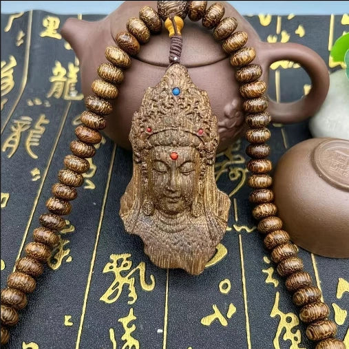 8mm*108 Natural Wood Prayer Beads Necklace KWAN-YIN Buddha Pendant Blessing 07FC0E-D4 - KOEEK