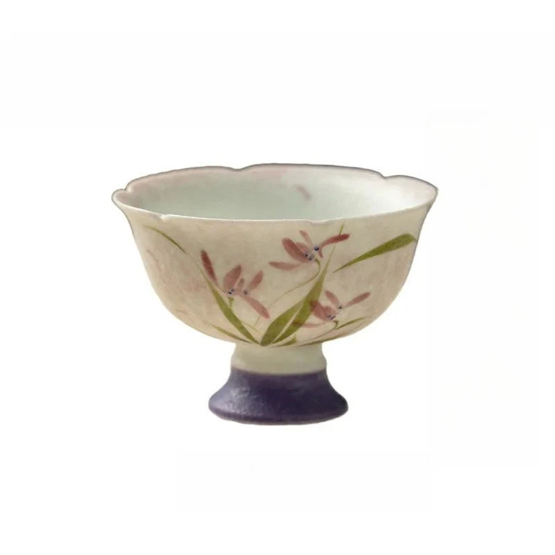 60ml Retro Ceramic Handpainted Orchid High Foot Cup Tea-tasting Cup Master Cup 07FC0E-D4 - KOEEK