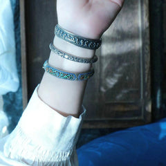 Wide Enamel Silver Bracelet Vintage Carved Floral Pattern Ethnic Style Bangle 07FC0E-D4 - KOEEK