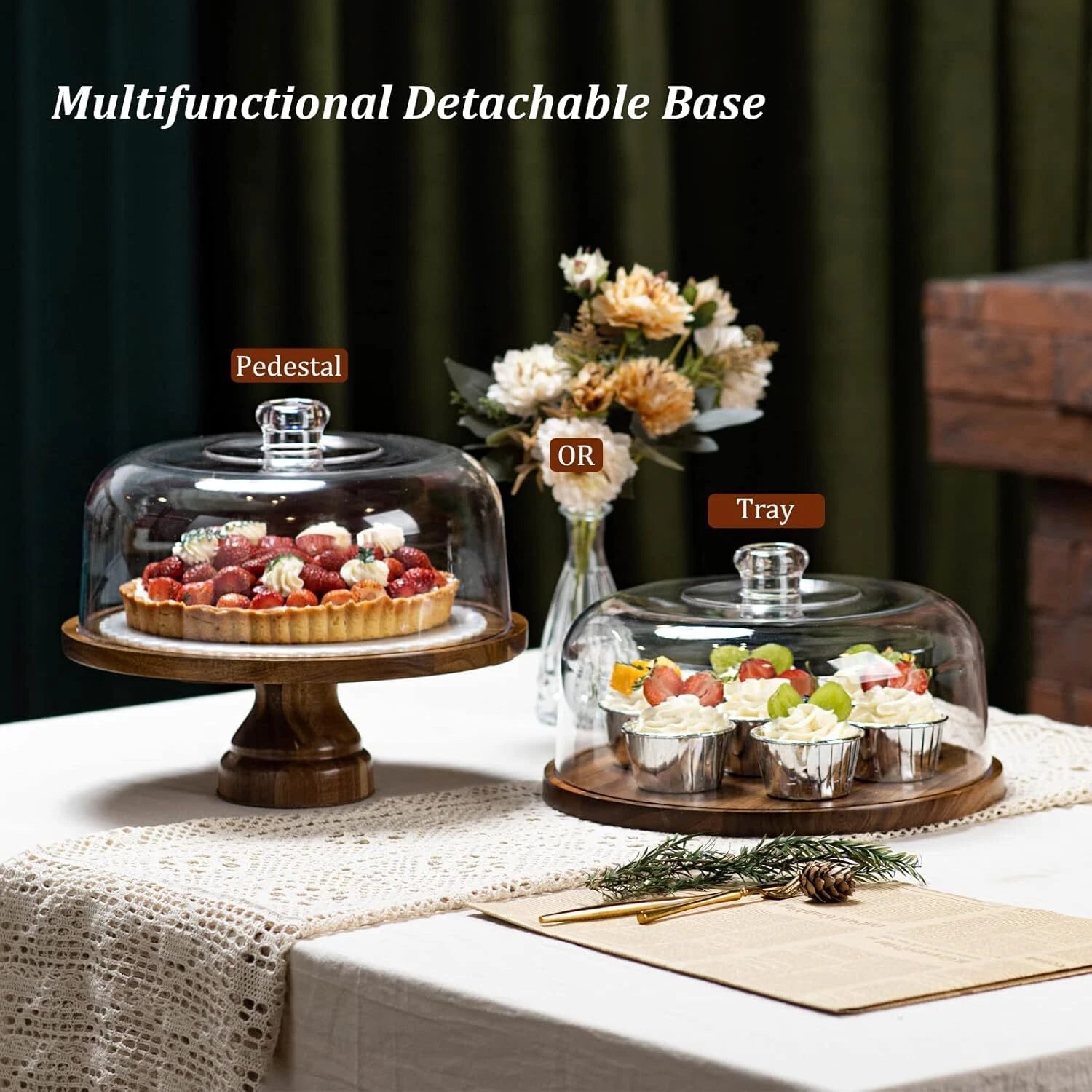 Cake Stand with Dome Lid, Acacia Wood Cake Plate with Cover, Wooden Cake 07FC0E-D4 - KOEEK