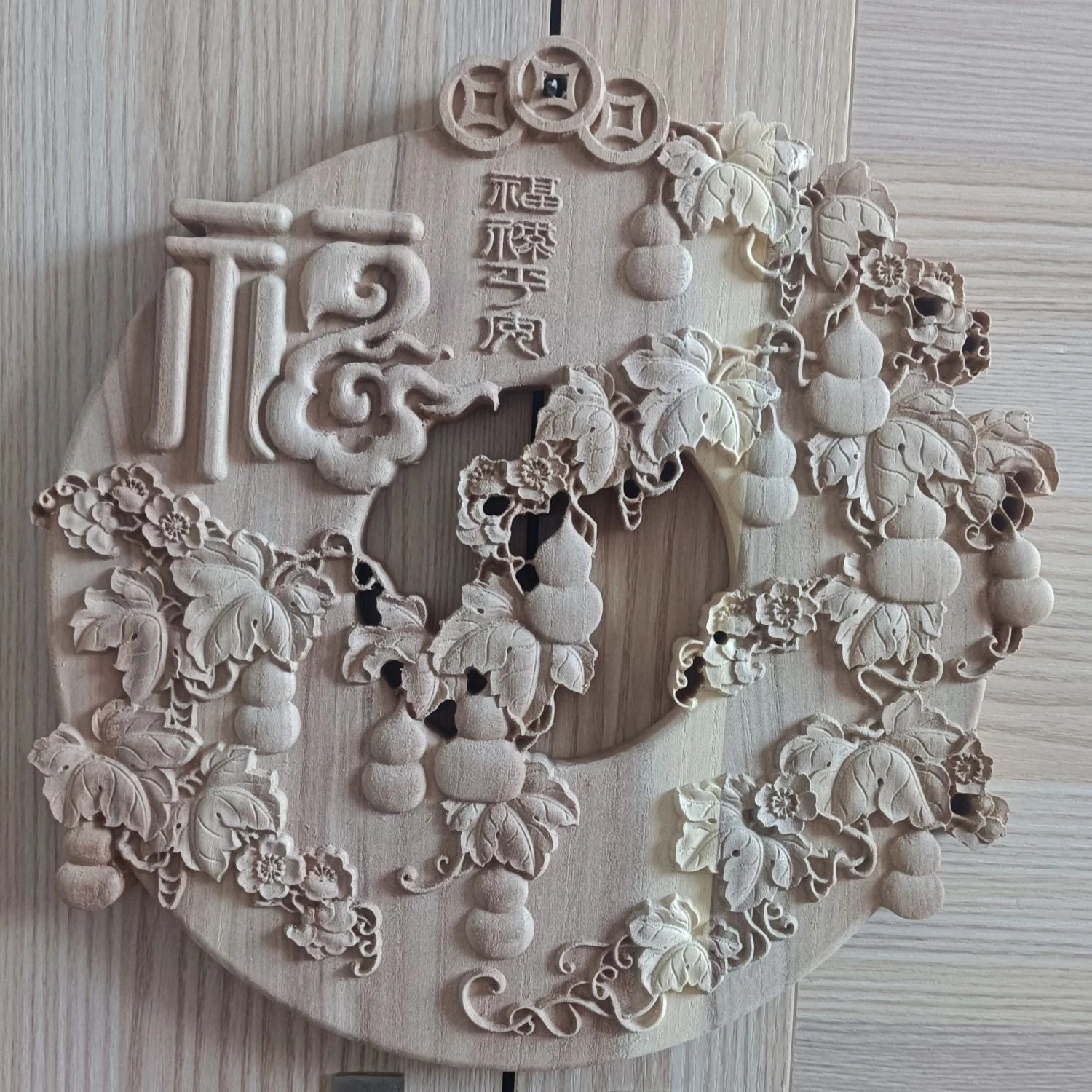 Dongyang Fu Lu Peace Wood Carving Wall Hanging Round 27cm Home Decor 07FC0E-D4 - KOEEK