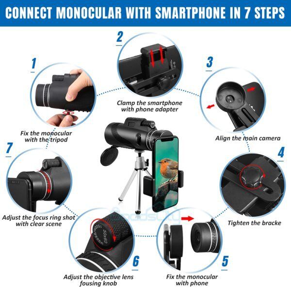 nytt 50X60 Zoom HD Monocular Telescope +Stativ +Klips for mobiltelefon