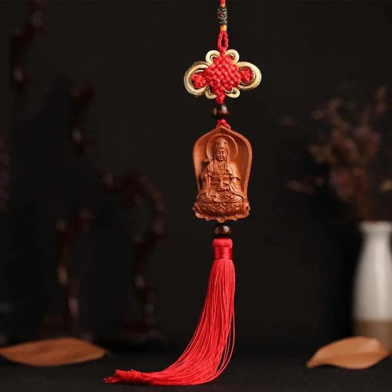 Peach Wood Handcarved Buddha Statue Tassel Amulet Pendant Guanyin Keychain 07FC0E-D4 - KOEEK