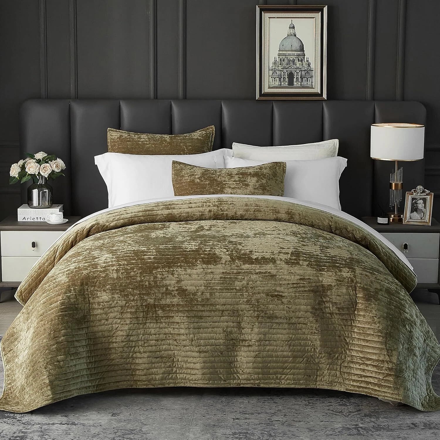 Velvet Quilt Queen Size Luxurious Velvet Coverlet Olive Green Bedding Striped 07FC0E-D4 - KOEEK