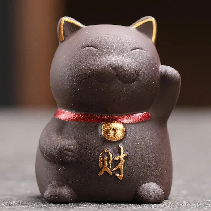 5.5cm Purple Clay Handcarved luck Cat Statue Tea Pet Absorbing Wealth Ornament 07FC0E-D4 - KOEEK