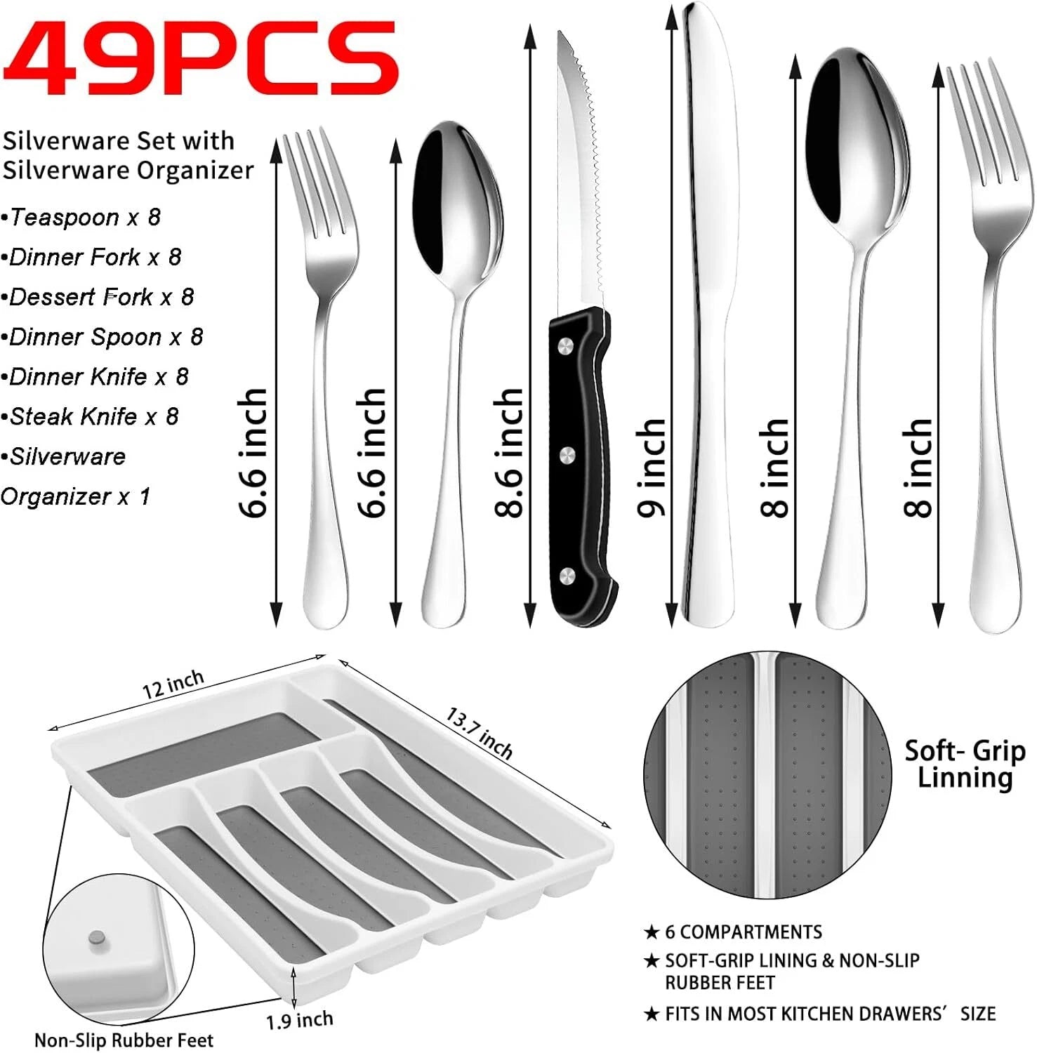 49 Piece Stainless Steel Silverware Set with Flatware Organizer, 8 People 07FC0E-D4 - KOEEK