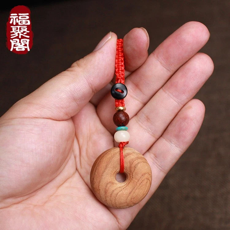 3.2cm Retro Peach Wood Ping An Key Pendant Necklaces Wood Carving Pendant 07FC0E-D4 - KOEEK