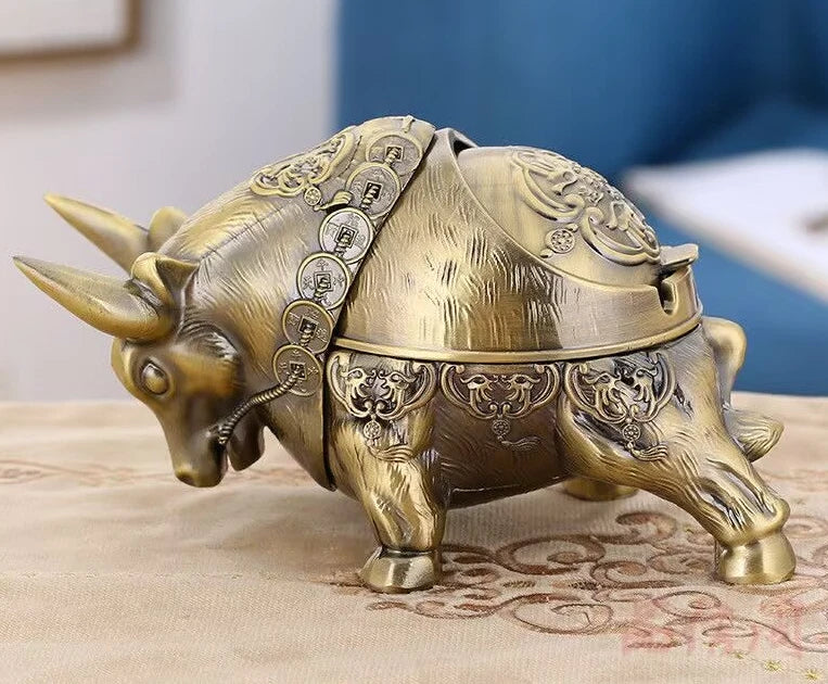 Vintage Bull Ashtray with Lid Cigar Cigarettes Metal Ashtray Windproof Ash Tray 07FC0E-D4 - KOEEK