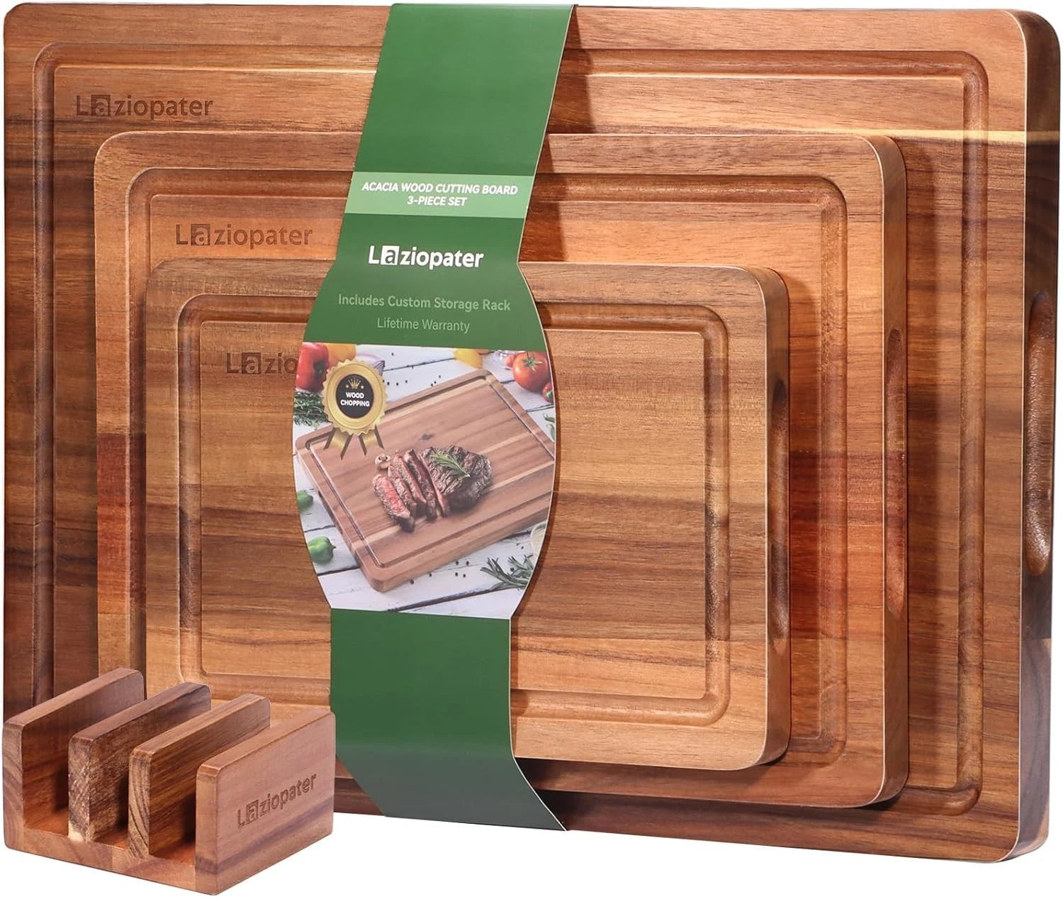 Acacia Wood Cutting Board，Solid Wood Cutting Board Set of 3 with Holder 07FC0E-D4 - KOEEK