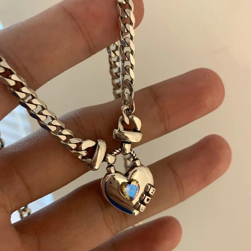 925 Silver women Vintage Unique Heart Pendant Necklace Retro Cuban Link Chain 07FC0E-D4 - KOEEK
