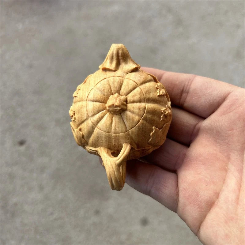 8cm Boxwood HandCarved Auspicious Pumpkin Plum Blossom Pot Tea Pet Ornament 07FC0E-D4 - KOEEK