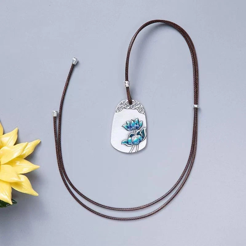 Silver Plated Lotus Pendant Necklace Unisex Cloisonne Enamel Minimalist Charm 07FC0E-D4 - KOEEK