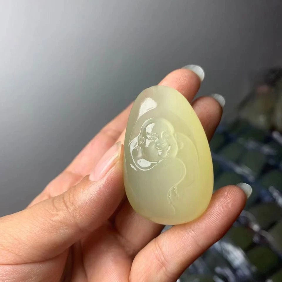 White Jade Rough Stone Hetian Blue Maitreya Buddha Attracts Wealth 07FC0E-D4 - KOEEK