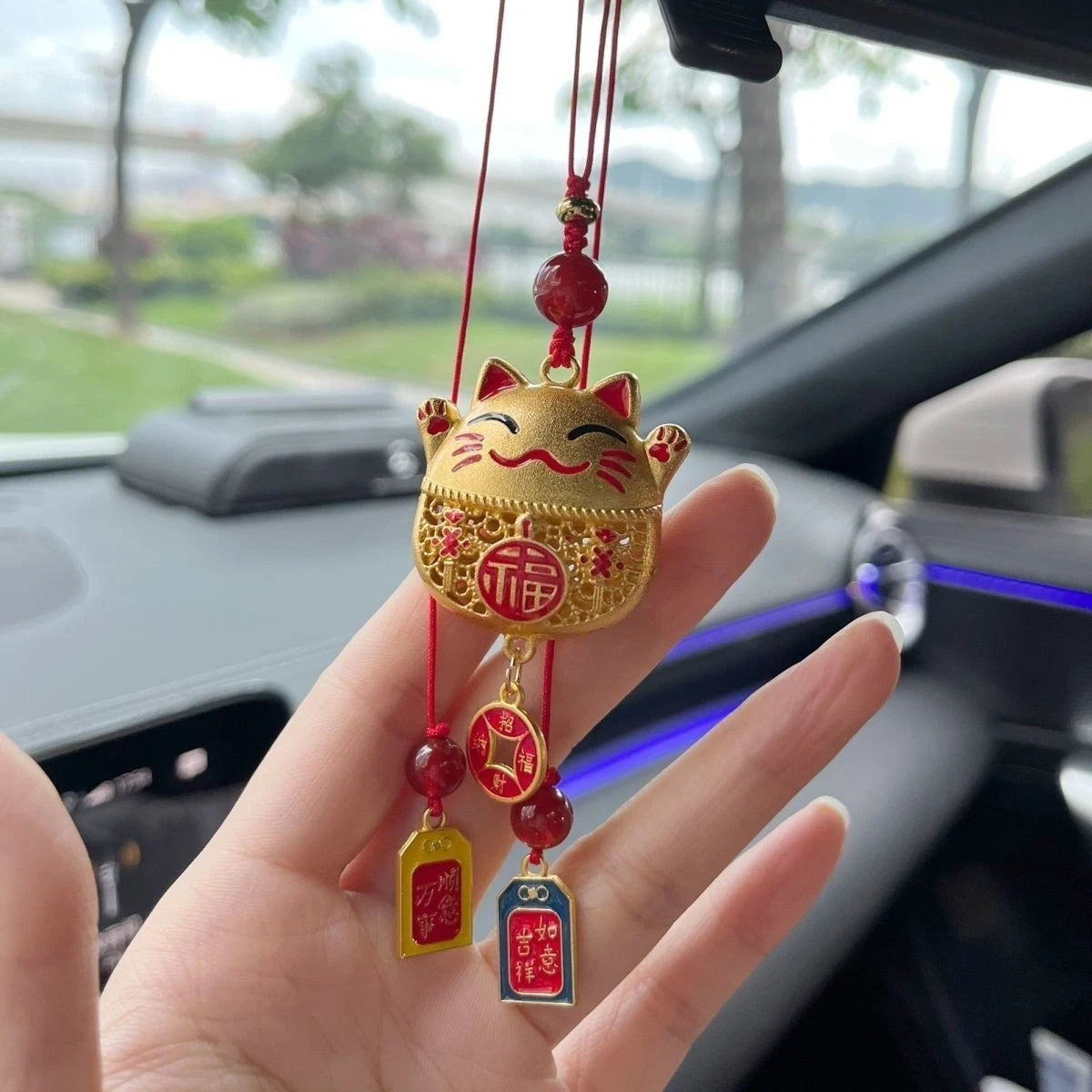 Cat Tassel Car Rearview Mirror Pendant Chinese Style Hanging Ornament 07FC0E-D4 - KOEEK
