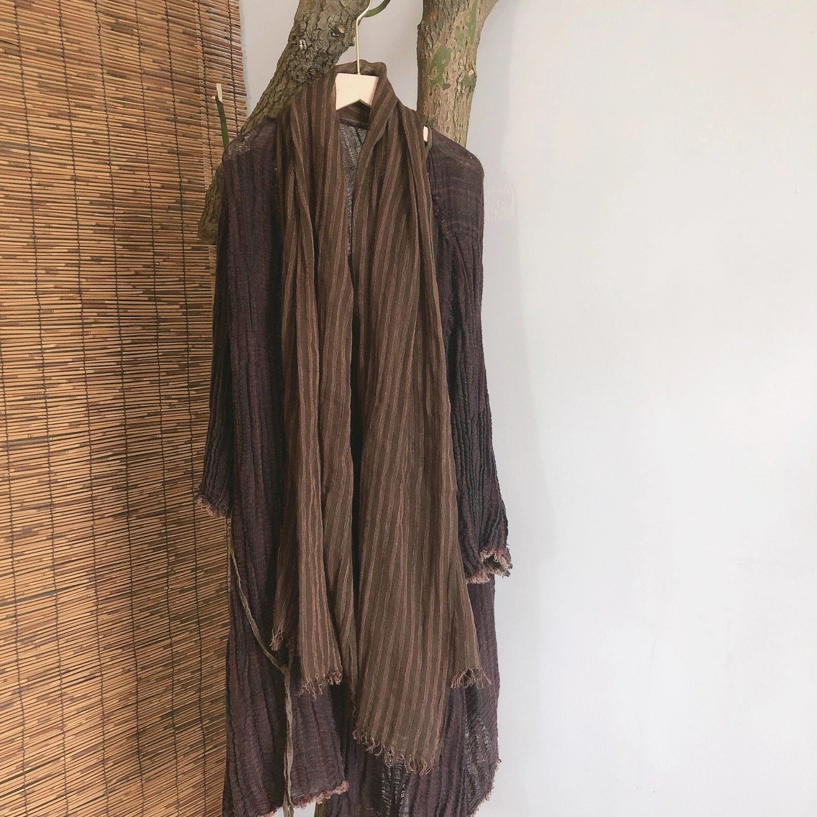 Mens Flax Linen Cotton Striped Breathable Brown Scarf Unisex Shawl Neckerchief 07FC0E-D4 - KOEEK