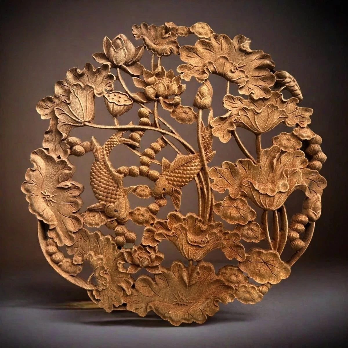 28cm Dongyang Wood Carving Round Koi Wall Hanging Chinese Home Decor 07FC0E-D4 - KOEEK