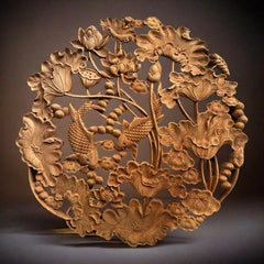 28cm Dongyang Wood Carving Round Koi Wall Hanging Chinese Home Decor 07FC0E-D4 - KOEEK