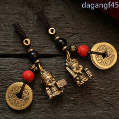 Vintage Brass Wealth God Keychain Amulet Handmade Braided Rope  Pendant 07FC0E-D4 - KOEEK