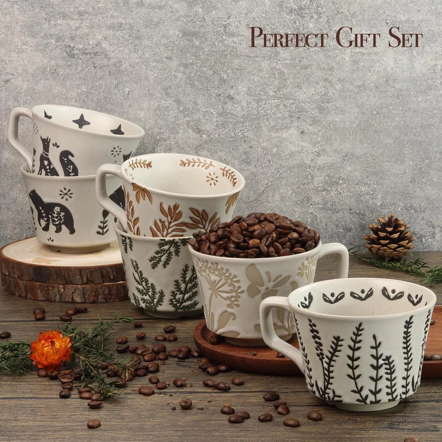 Ceramic Coffee Mugs, 12 oz Novelty Unique Tea Mugs with Large Handles, Set of 4 07FC0E-D4 - KOEEK
