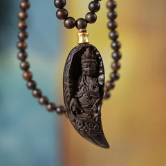 Vietnam Agarwood Crescent Guanyin 108 Beads Necklace Car Hanging Ornament 07FC0E-D4 - KOEEK